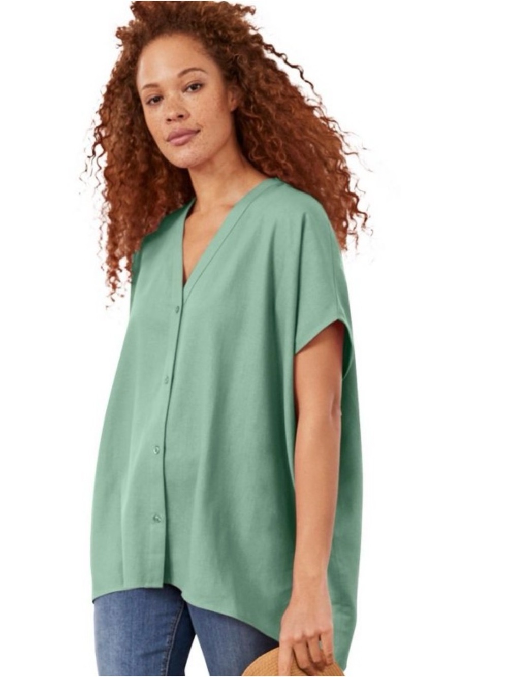 Ellos Linen Blend Relaxed V-Neck Button Front Women's Top Size L (18/20)